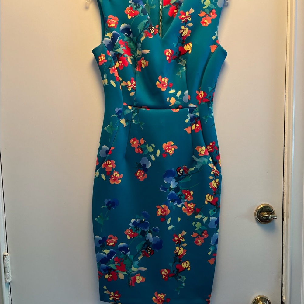 Beautiful Calvin Klein Teal Floral Midi Dress Size 6 EUC